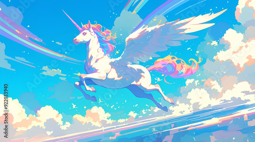 white pegasus horse running with blue sky background photo