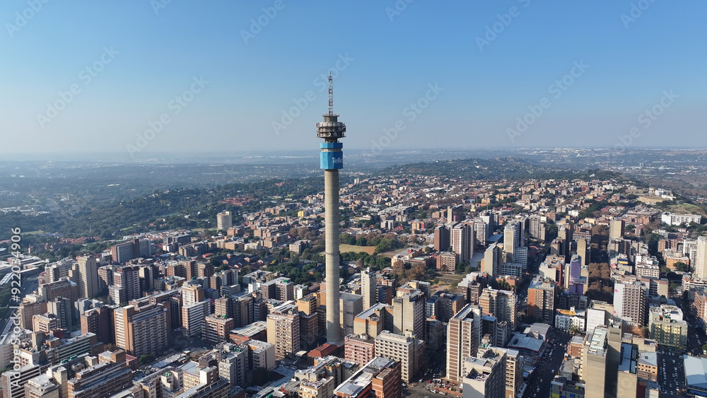 Fototapeta premium Hillbrow Tower At Johannesburg In Gauteng South Africa. High Rise Buildings Landscape. Megacity Background. Johannesburg At Gauteng South Africa. Downtown City. Urban Outdoor.