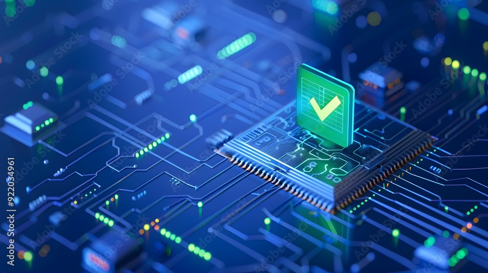 Close-up of a computer chip with a checkmark, symbolizing secure technology, data verification, and digital security. Close-up of a computer chip with a checkmark, symbolizing secure technology, data verification, and digital security.