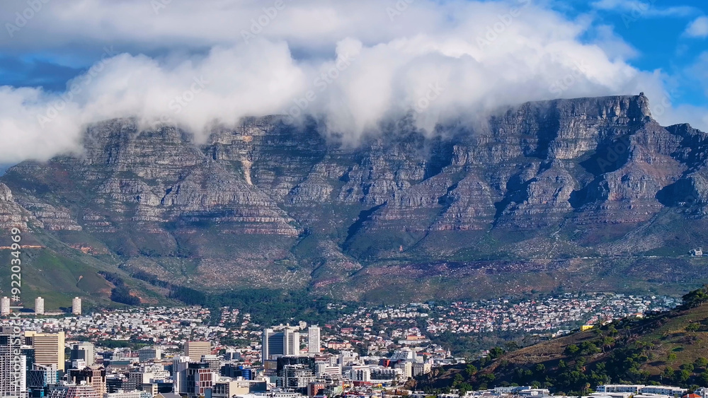 Obraz premium Table Mountain At Cape Town In Western Cape South Africa. Sky Clouds Landmark. Downtown Buildings. Cape Town At Western Cape South Africa. Tourism Travel. Coast City Skyline.