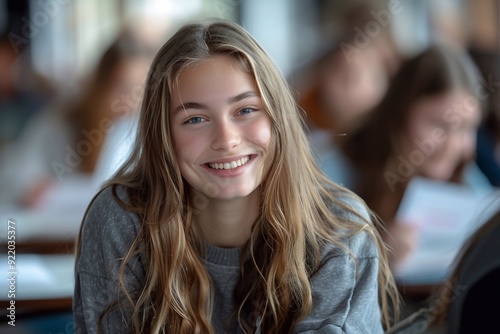 A smiling female student proudly holding up her exam results in the classroom. Her beaming expression and visible excitement reflect her hard work and success, capturing a moment of accomplishment and