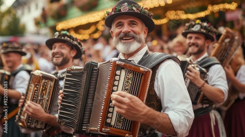 A vibrant image of a traditional Bavarian band performing at Oktoberfest, dressed in lederhosen and dirndls, playing lively folk music on instruments such as accordions and brass, with a cheerful