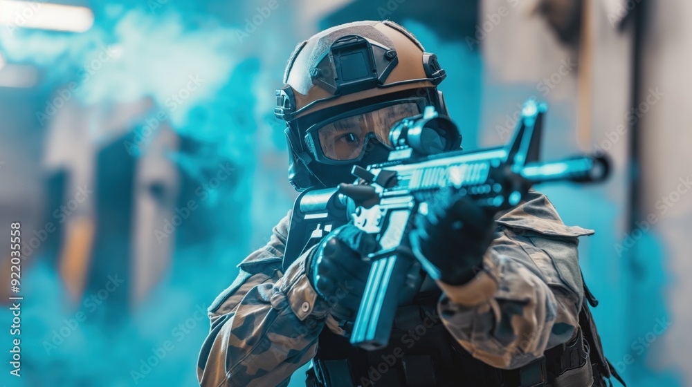 A tactical soldier aims a weapon while surrounded by blue smoke during a training exercise in an urban setting, demonstrating precision and focus A tactical soldier aims a weapon while surrounded by blue smoke during a training exercise in an urban setting, demonstrating precision and focus
