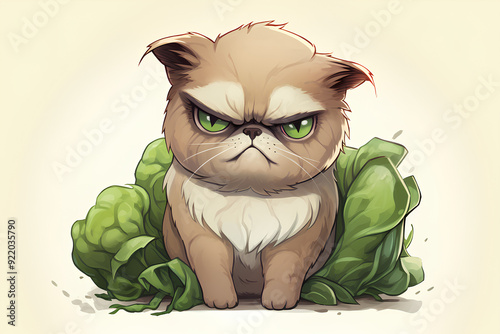 Portrait of a grumpy cat as a cabbage, on white background, cartoon style, digital anime art, vegetable, animal art