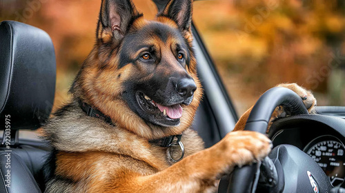 Dog confidently driving a car on a road trip with autumn scenery in the background