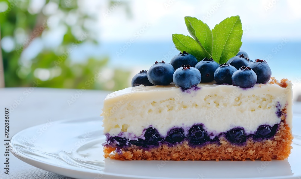 Blueberry Cake on a table in the beach, Generative AI Blueberry Cake on a table in the beach, Generative AI
