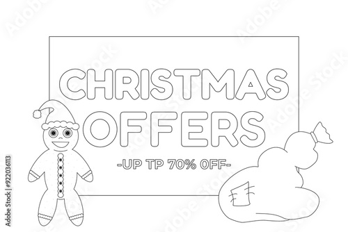 Festive Christmas coloring page featuring a cheerful gingerbread man and a gift sack. Perfect for holiday-themed creative activities.