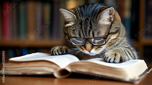 Lawyer cat in a courtroom preparing case files while wearing glasses and a suit