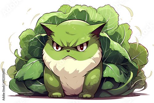 Portrait of a grumpy cat as a cabbage, on white background, cartoon style, digital anime art, vegetable, animal art
