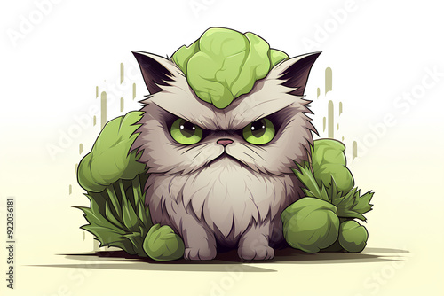 Portrait of a grumpy cat as a cabbage, on white background, cartoon style, digital anime art, vegetable, animal art