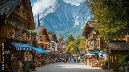 A picturesque scene of a traditional Bavarian village during Oktoberfest, with quaint wooden houses decorated with blue and white bunting, a lively market selling pretzels, beer mugs, and gingerbread