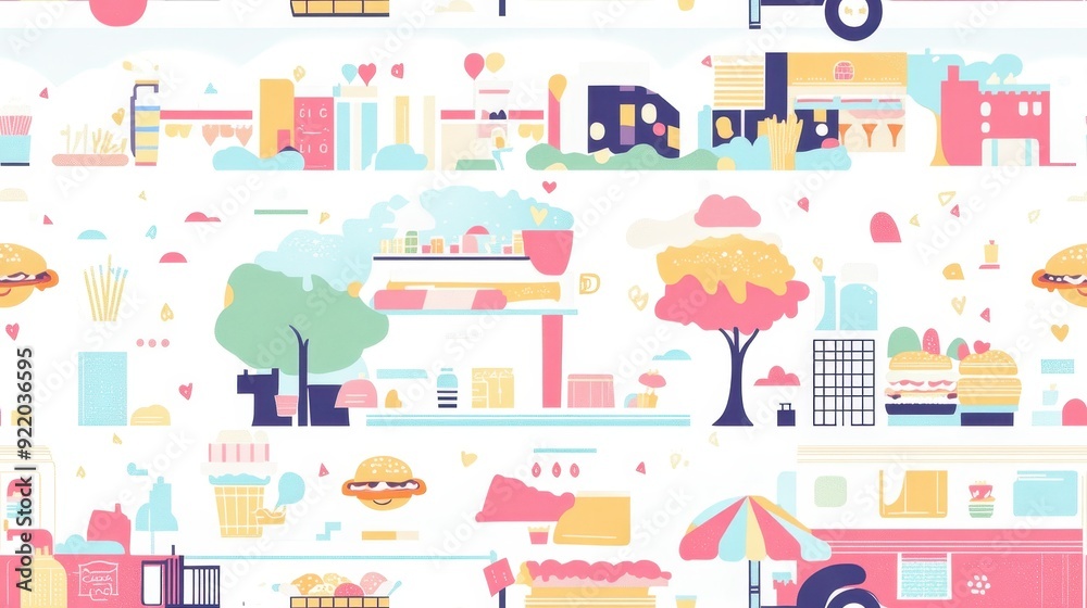 seamless pattern, Kawaii food truck with smiling snacks like hamburgers seamless pattern, Kawaii food truck with smiling snacks like hamburgers