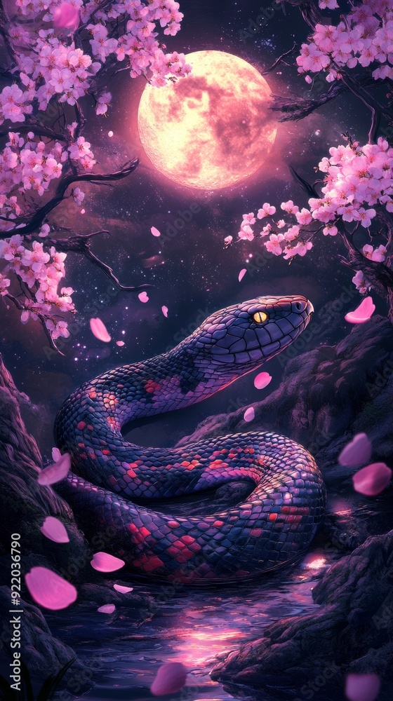 Colorful snake resting under full moon and cherry blossoms Colorful snake resting under full moon and cherry blossoms
