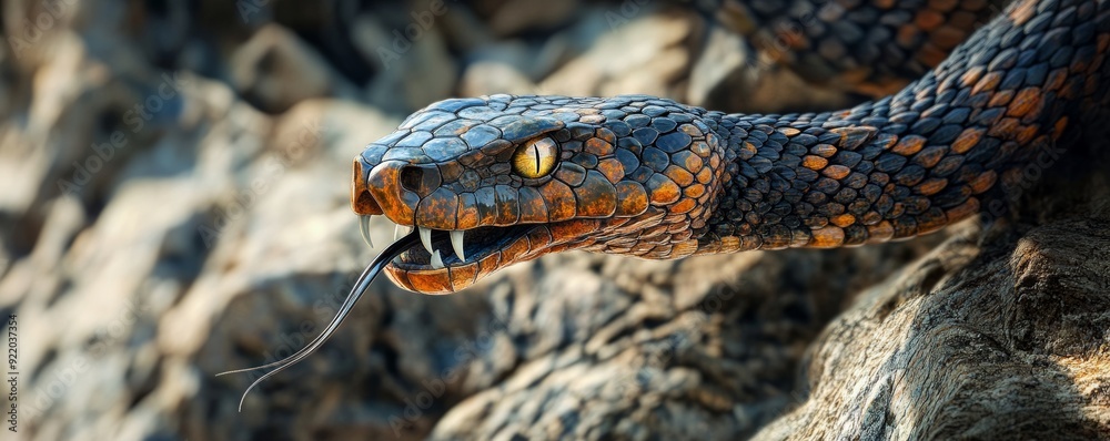 Obraz premium Venomous black snake slithering on rocks showing forked tongue