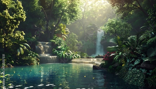 Garden with pond and trees in the morning light