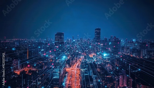 City skyline at night illuminated by digital connections and glowing lights