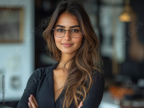 Portrait of an Indian businesswoman wearing glasses smiling with arms crossed inside a meeting room. 
Successful business executive wearing black shirt, success in business, CEO of an Indian company
