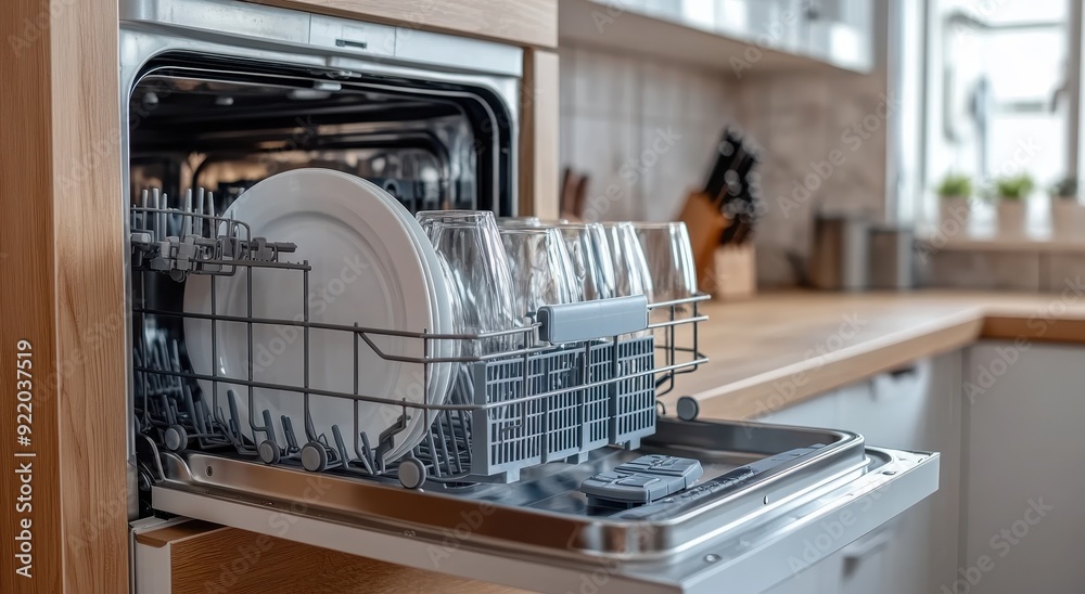 A photo of an open white dishwasher with empty shiny clean plates and glasses in the plastic tray, next to it is a wooden countertop A photo of an open white dishwasher with empty shiny clean plates and glasses in the plastic tray, next to it is a wooden countertop