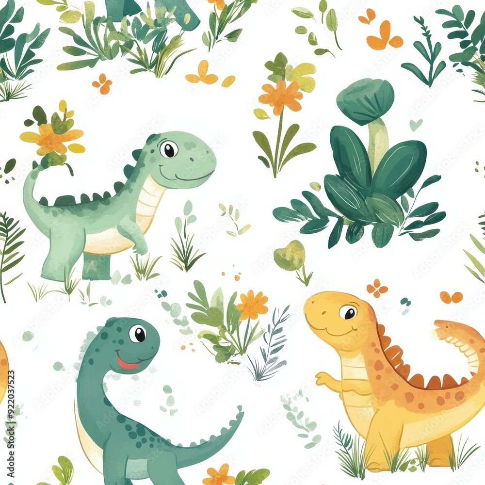 Fototapeta premium seamless pattern, Playful kawaii dinosaurs with chubby bodies and friendly expressions