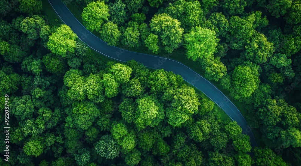 Aerial view of forest road in green trees landscape, nature panorama background with winding asphalt highway through thick woods for adventure travel and exploration