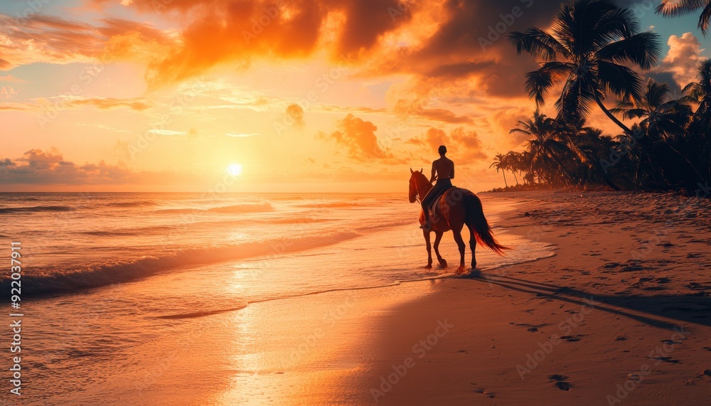 Horseback rider on the beach during sunset with vibrant skies and gentle waves in the background Horseback rider on the beach during sunset with vibrant skies and gentle waves in the background