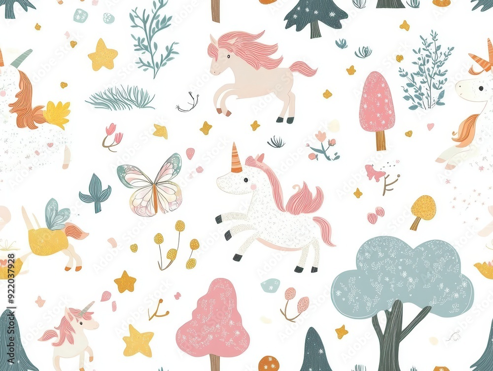 Naklejka premium seamless pattern, Kawaii enchanted forest with magical creatures like fairies