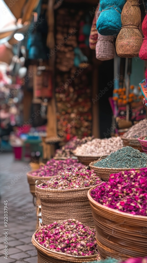 Fototapeta premium Traditional moroccan market stall selling colorful spices and herbs in baskets