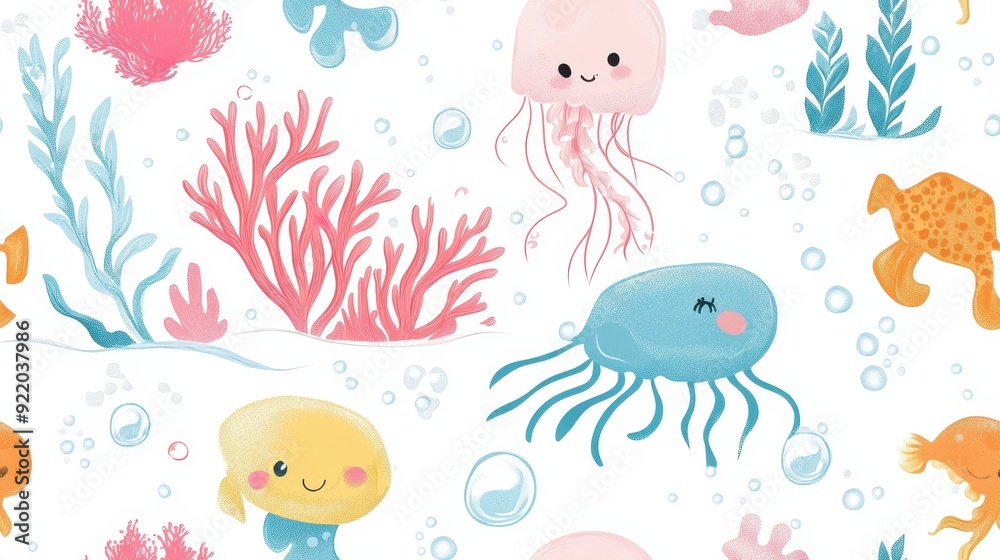 Obraz premium seamless pattern, Kawaii underwater world with smiling jellyfish
