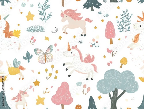 seamless pattern, Kawaii enchanted forest with magical creatures like fairies