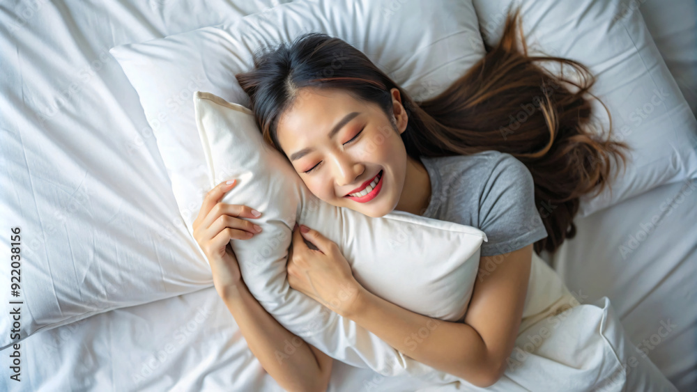 Brunette woman peacefully sleeping on soft pillow, enjoying morning relaxation in cozy bedroom Brunette woman peacefully sleeping on soft pillow, enjoying morning relaxation in cozy bedroom