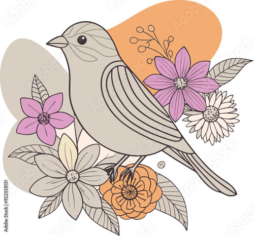 Wallpaper Mural Charming Bird in Bloom Line Art Illustration Torontodigital.ca