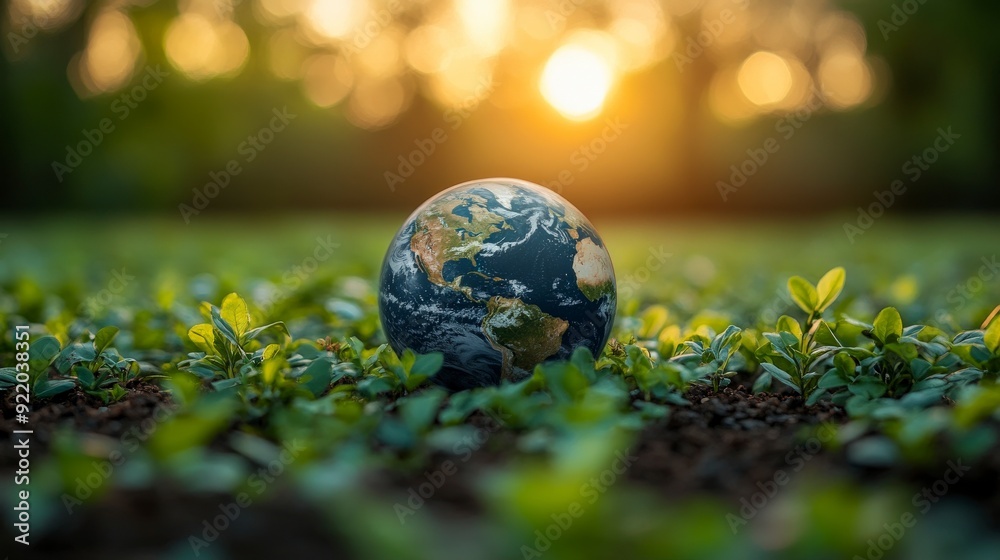 A globe resting on green sprouts with a sunset backdrop, symbolizing environmental awareness. A globe resting on green sprouts with a sunset backdrop, symbolizing environmental awareness.