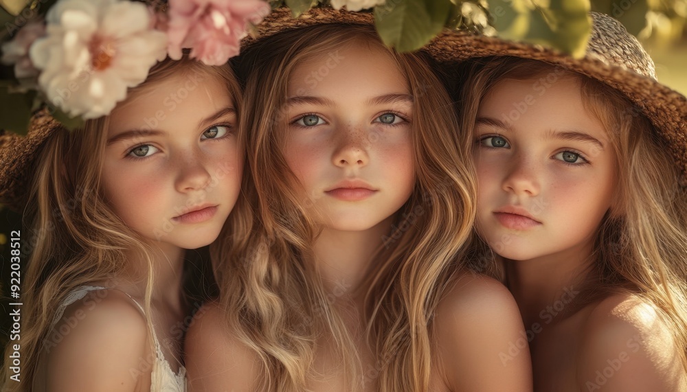 Three young girls in summer hats pose together among blooming flowers in soft sunlight Three young girls in summer hats pose together among blooming flowers in soft sunlight