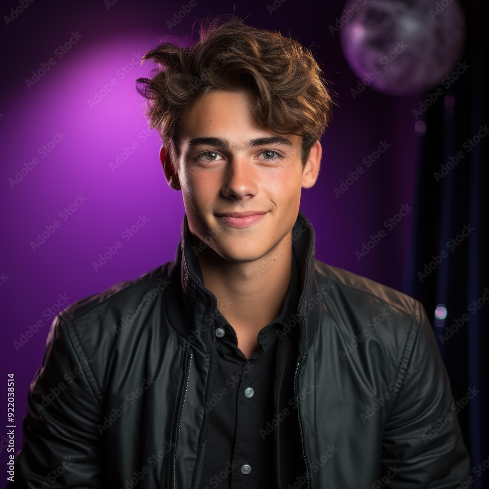 A young man with styled hair wears a black leather jacket, smiling against a vibrant purple backdrop, Ideal for lifestyle, fashion, and youth-focused marketing materials, A young man with styled hair wears a black leather jacket, smiling against a vibrant purple backdrop, Ideal for lifestyle, fashion, and youth-focused marketing materials,