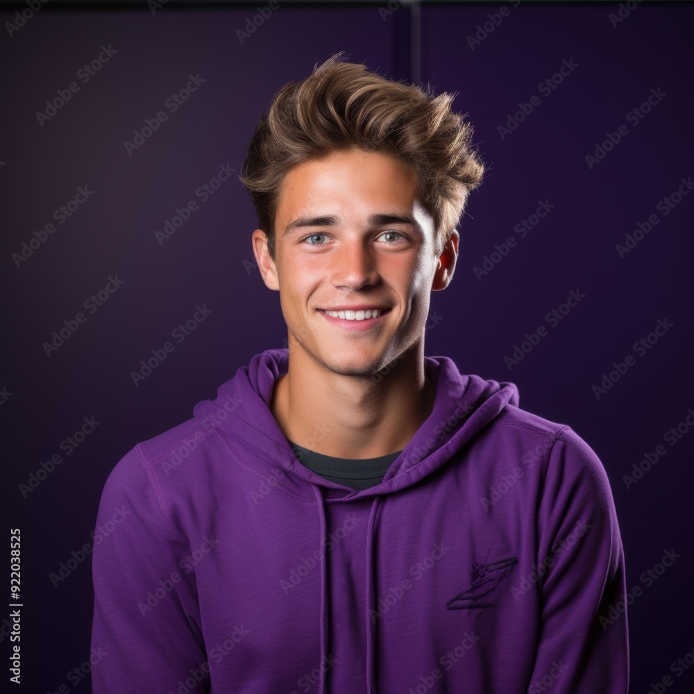 A young man in a purple hoodie smiles confidently against a matching purple background, indicating positivity and vibrance ideal for youth-focused advertisements, lifestyle blogs A young man in a purple hoodie smiles confidently against a matching purple background, indicating positivity and vibrance ideal for youth-focused advertisements, lifestyle blogs