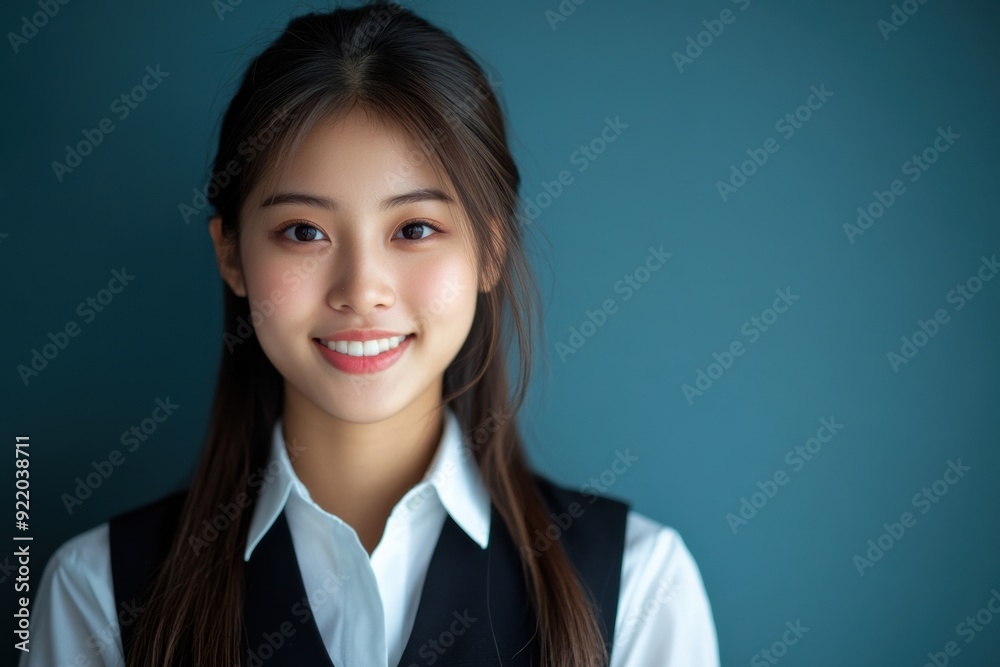 A Japanese woman in a white shirt and black vest, smiling warmly at the camera, set against a white background with ample white space above her. A Japanese woman in a white shirt and black vest, smiling warmly at the camera, set against a white background with ample white space above her.