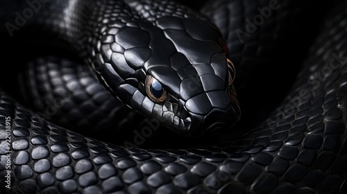 Black snake coiled up showing its scales and eye