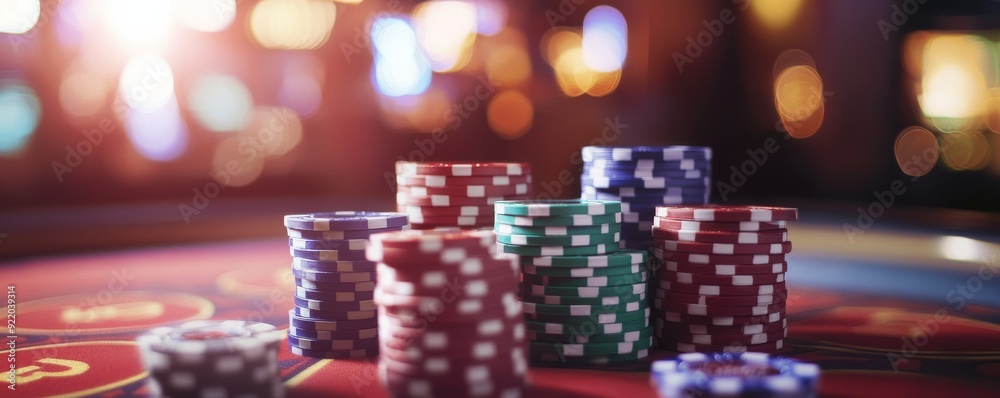 Poker chips stacked on a casino table with blurred background