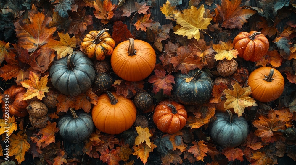 Pumpkins and colorful autumn leaves creating festive background Pumpkins and colorful autumn leaves creating festive background