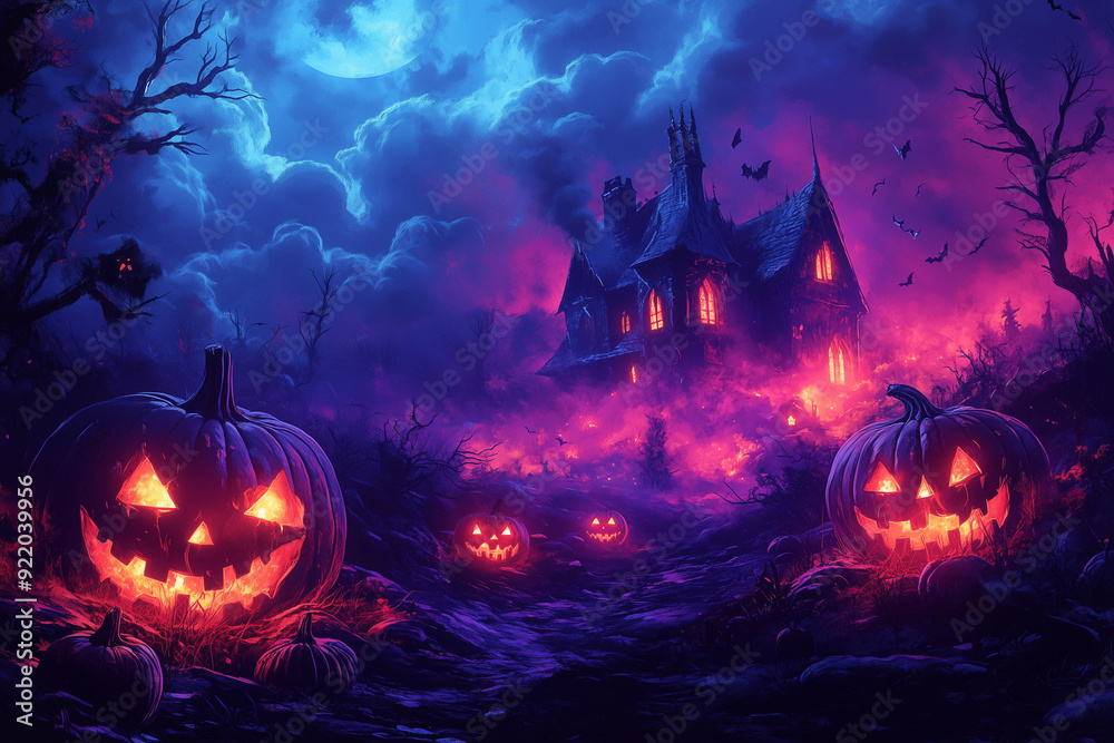 Halloween night background with spooky pumpkins, a haunted house, and dark trees. Vector illustration design. Spooky Halloween landscape concept art for a banner or poster, digital painting. Halloween night background with spooky pumpkins, a haunted house, and dark trees. Vector illustration design. Spooky Halloween landscape concept art for a banner or poster, digital painting.
