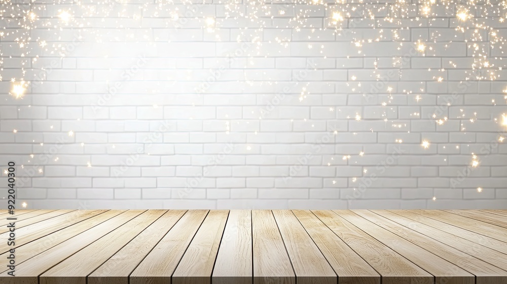 Fototapeta premium A warm interior adorned with a white brick wall and stylish light bulbs suspended above a rustic wooden floor creates an inviting atmosphere
