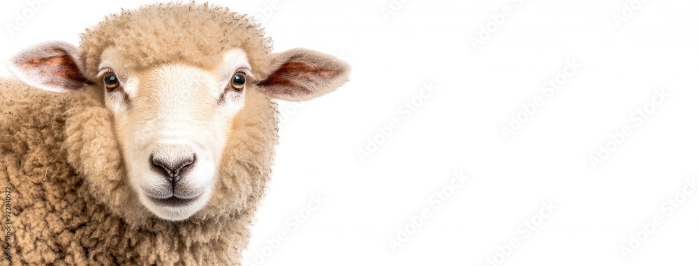 A curious sheep gazes directly at the camera, showcasing its fluffy wool and innocent expression on a pristine white background A curious sheep gazes directly at the camera, showcasing its fluffy wool and innocent expression on a pristine white background