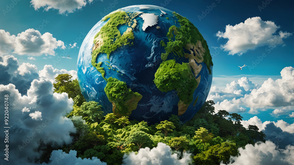Earth planet with trees and water on it, surrounded by fluffy clouds. Environment and clean planet concept. Earth planet with trees and water on it, surrounded by fluffy clouds. Environment and clean planet concept.