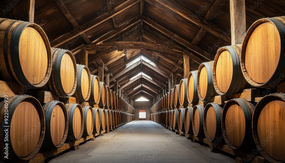 Aged wooden barrels lined in a rustic storage facility during daylight Aged wooden barrels lined in a rustic storage facility during daylight