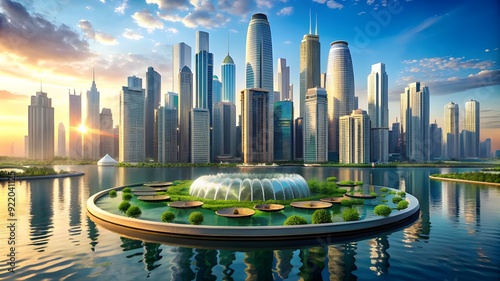 Floating Cityscape on a Giant Lily Pad with Cascading Waterfalls.

