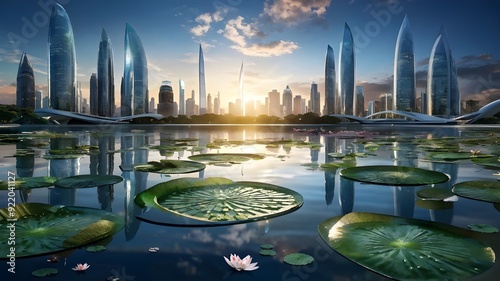 Floating Cityscape on a Giant Lily Pad with Cascading Waterfalls.

