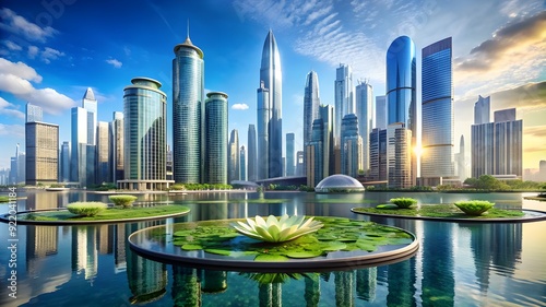 Floating Cityscape on a Giant Lily Pad with Cascading Waterfalls.

