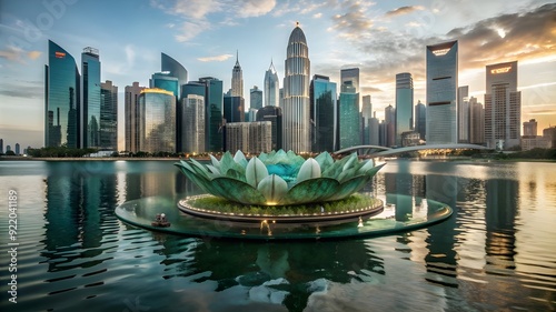 Floating Cityscape on a Giant Lily Pad with Cascading Waterfalls.

