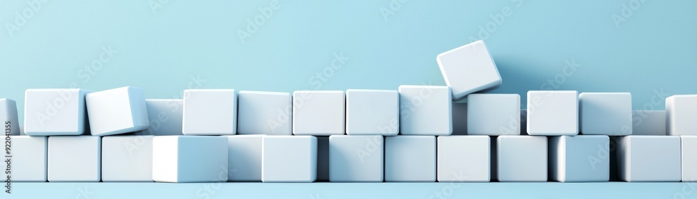A minimalistic arrangement of white cubes against a soft blue background, perfect for modern design and abstract themes. A minimalistic arrangement of white cubes against a soft blue background, perfect for modern design and abstract themes.