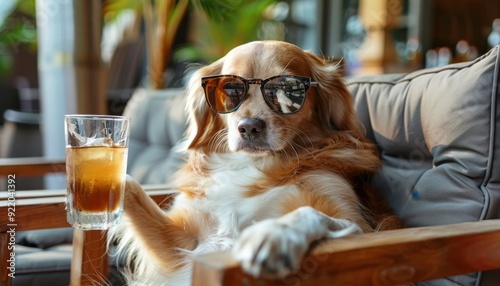 A relaxed golden retriever wearing sunglasses enjoys a drink on a sunny afternoon in a cafe